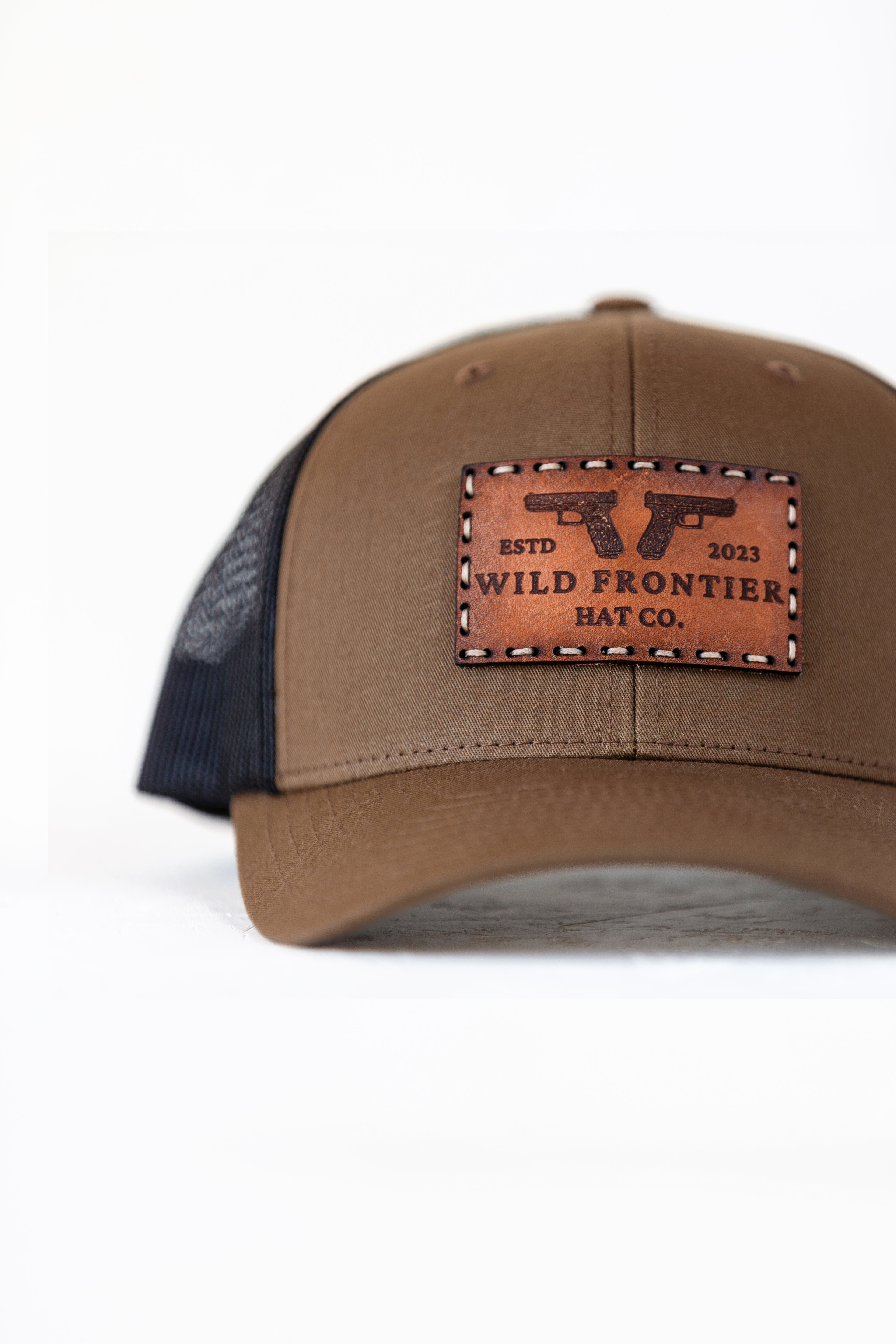 -Twin Fire- in Coyote/Black trucker with beige thread