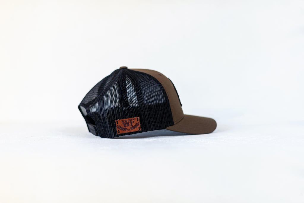 Leopard in Coyote/Black trucker with black thread