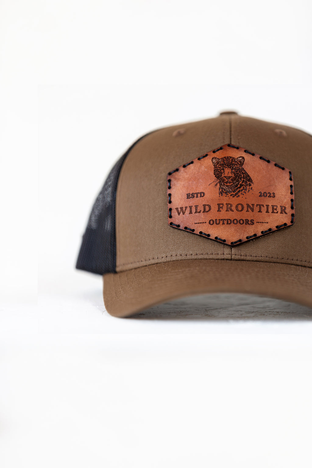 Leopard in Coyote/Black trucker with black thread