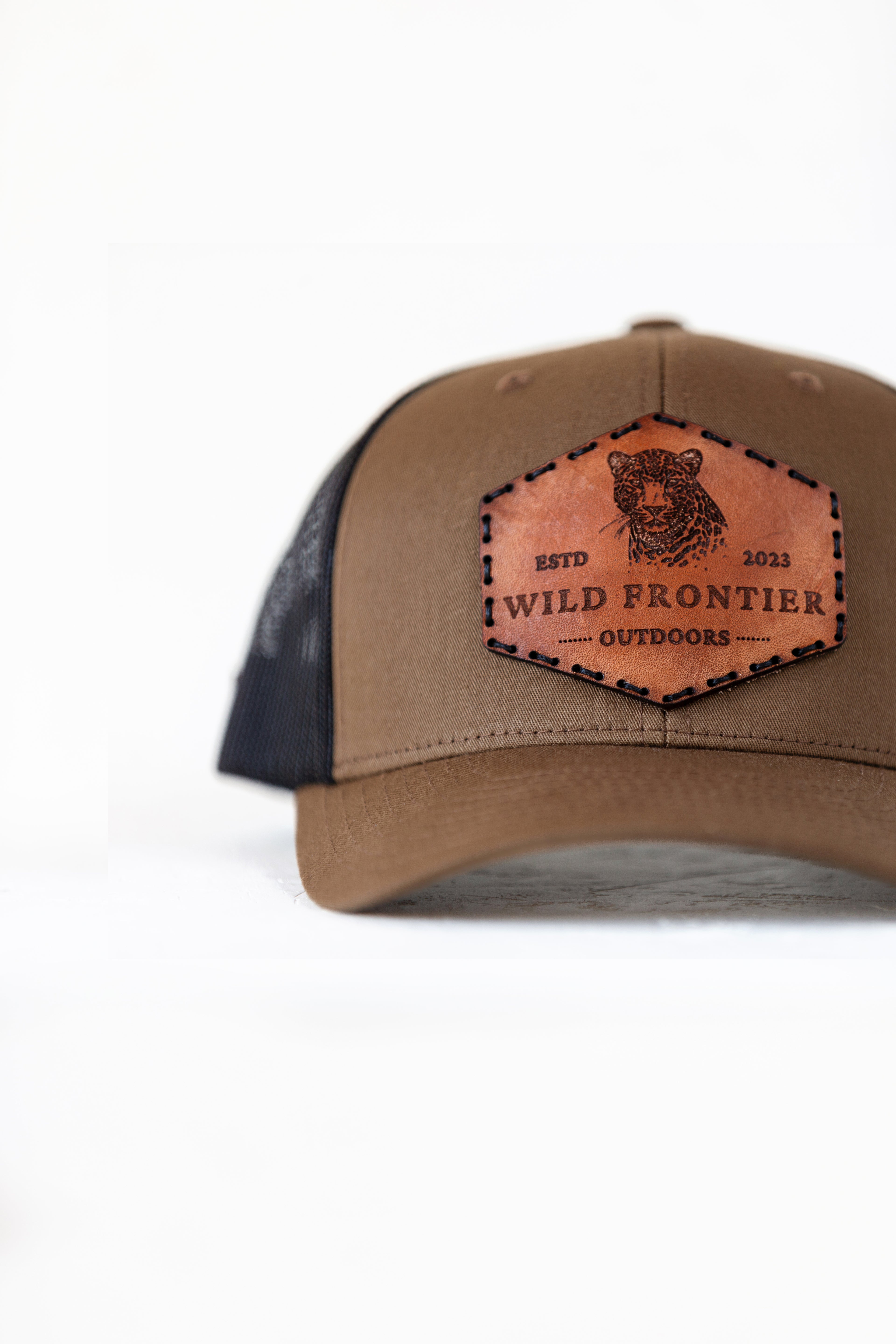 Leopard in Coyote/Black trucker with black thread