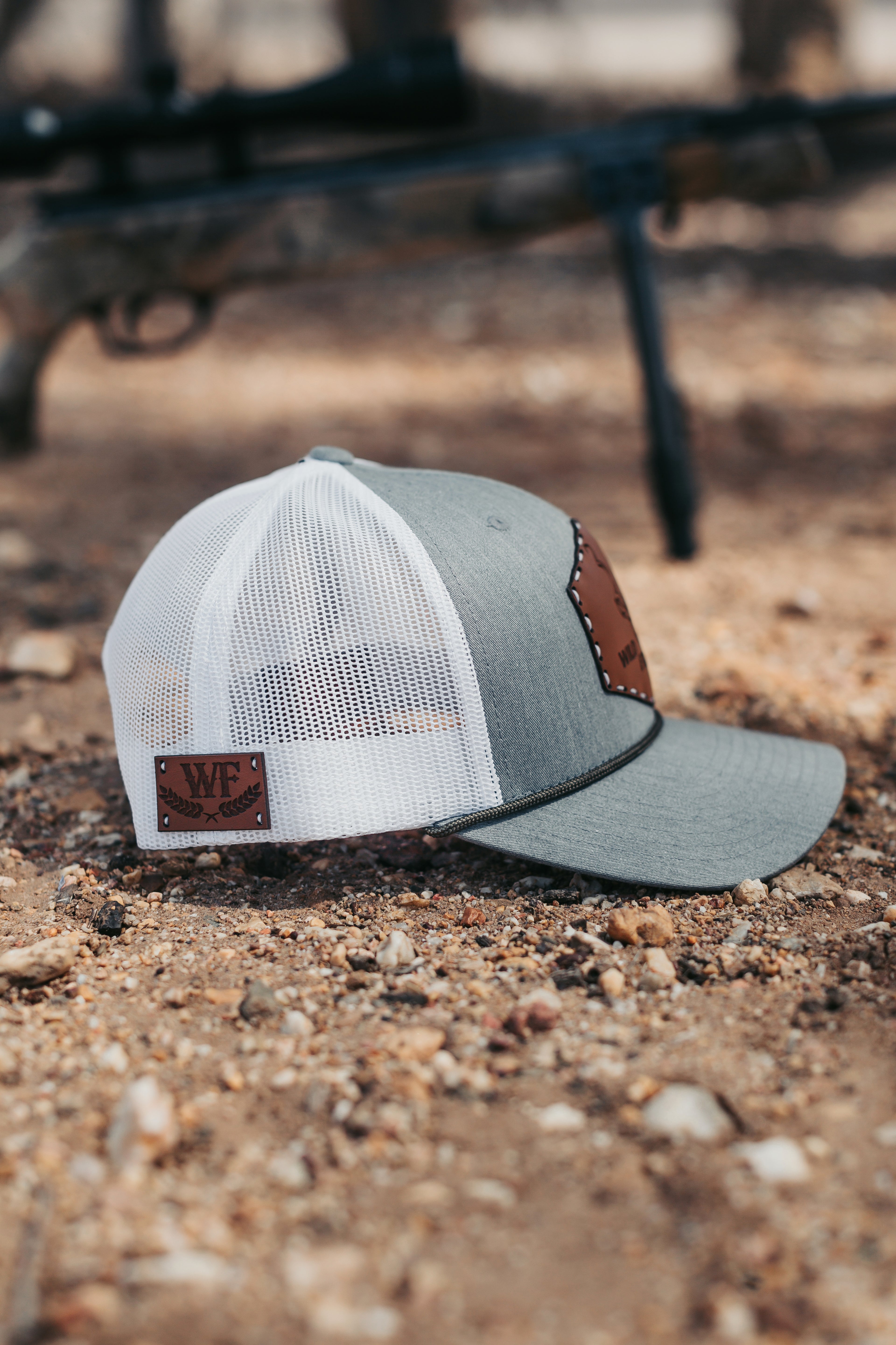 The Kudu with Grey/White Adjustable trucker+white thread and olive green rope
