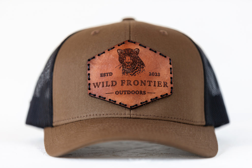 Leopard in Coyote/Black trucker with black thread